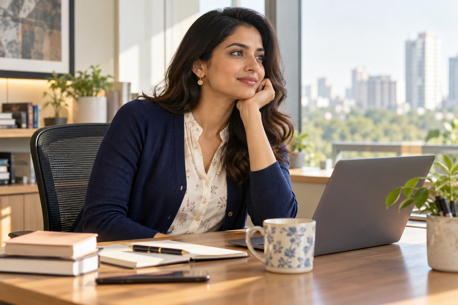 Woman wearing a fine-gauge navy cardigan over a pale cotton blouse at an air-conditioned office desk, cardigan open.