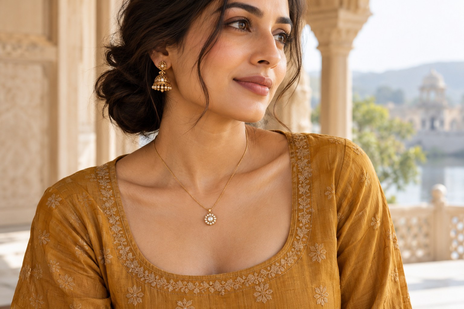 Close-up of adult woman's collarbone, scoop-neck ochre top framing a small pendant necklace clearly sitting inside the open neckline.