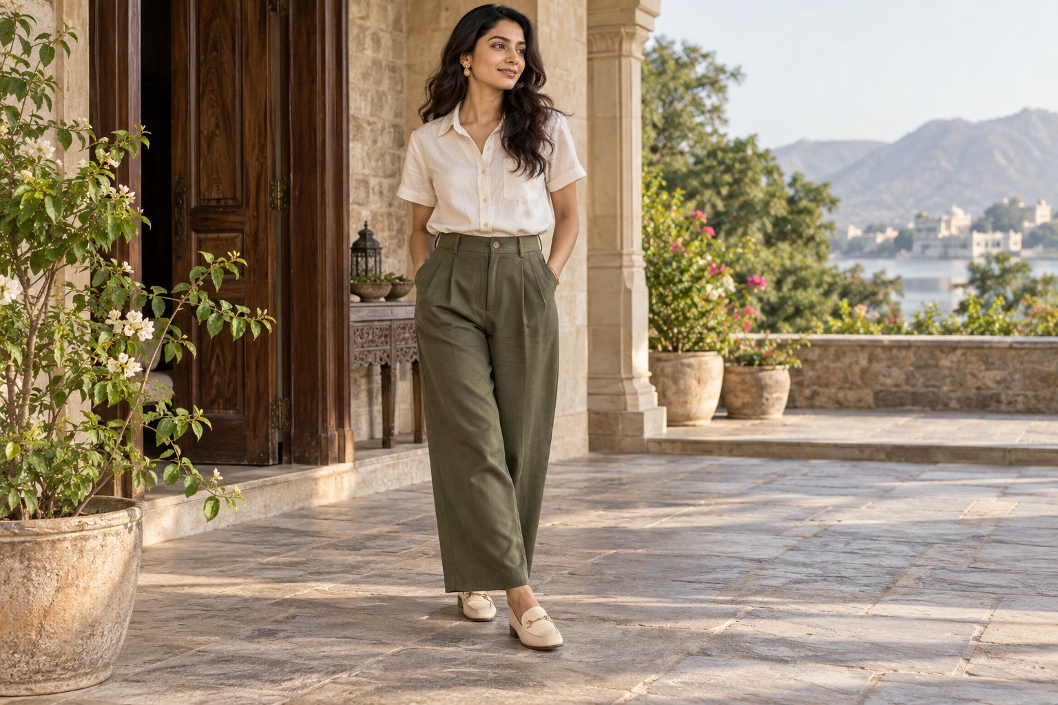 Full body Indian woman in ankle-length olive trousers and cream loafers, pale short-sleeve shirt.