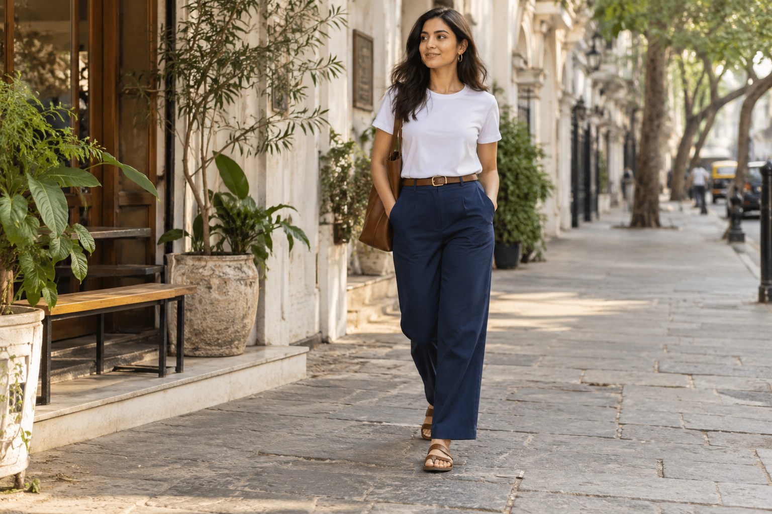 Woman wearing a plain white T-shirt tucked into navy trousers, thin brown belt.