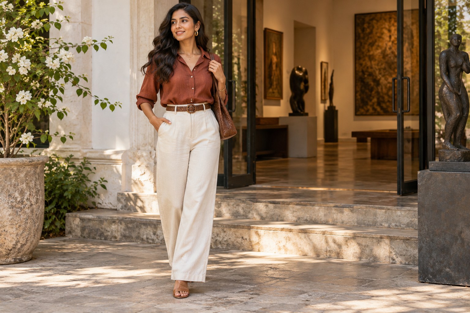 Full body Indian woman in a rust blouse and cream trousers with a brown woven belt, warm daylight at a gallery entrance.
