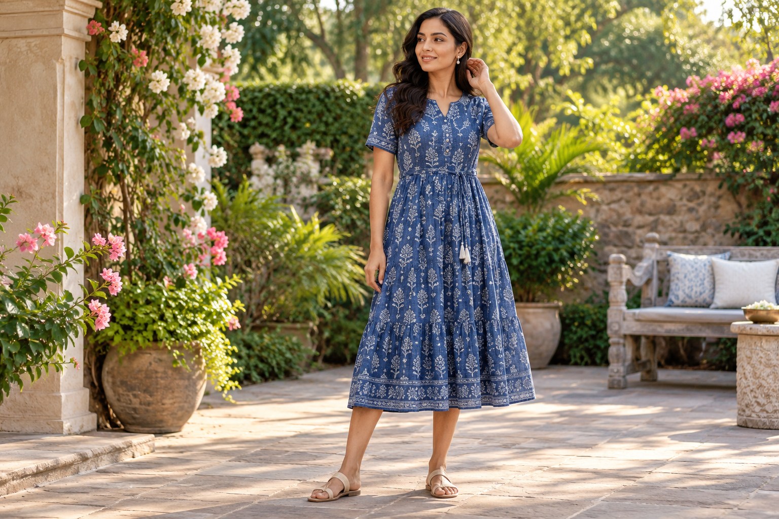 Woman wearing a blue short-sleeve cotton summer midi dress, small earrings and simple sandals.