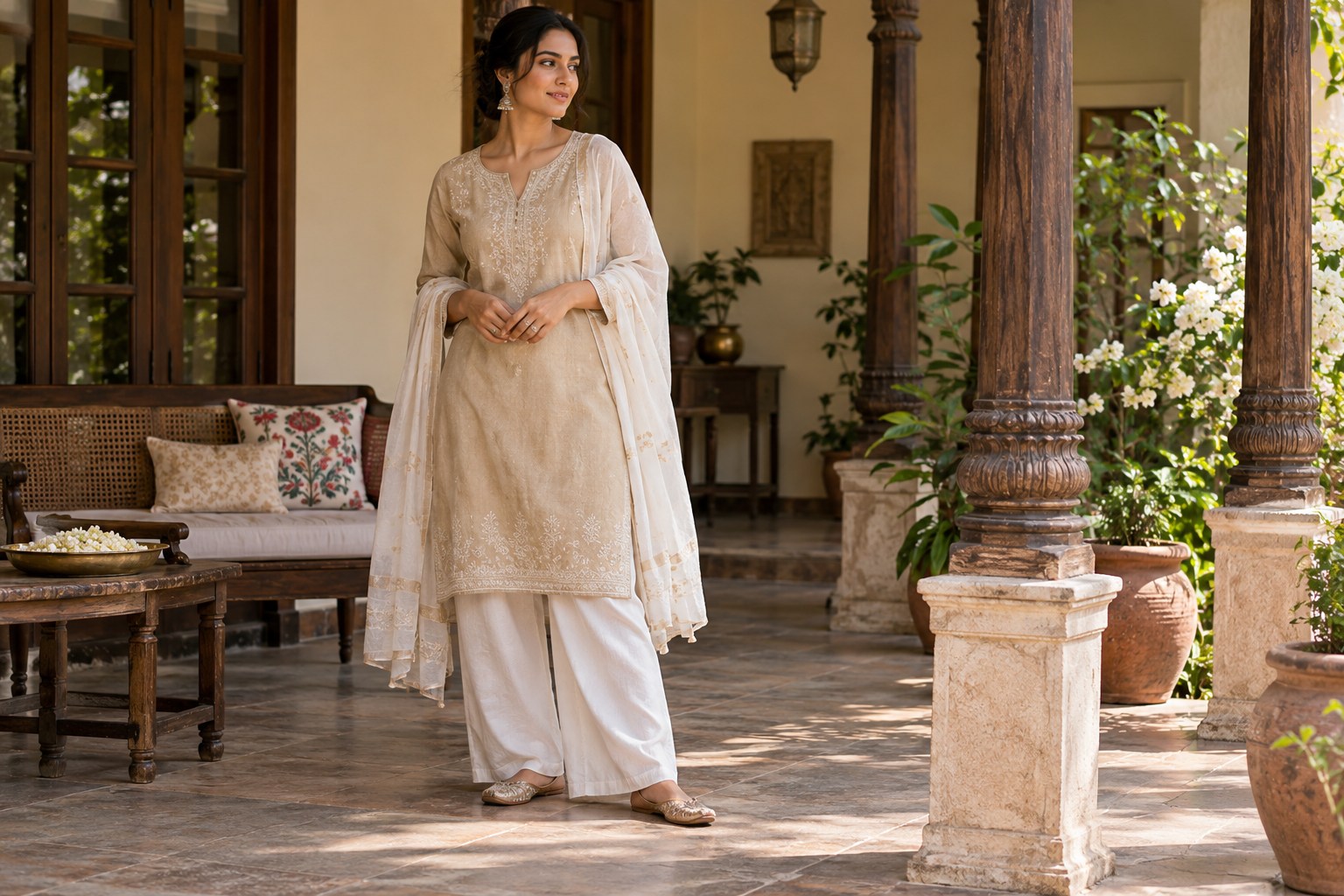 Woman in opaque lightweight long-sleeve beige tunic over loose white trousers, light cotton scarf resting on shoulders.