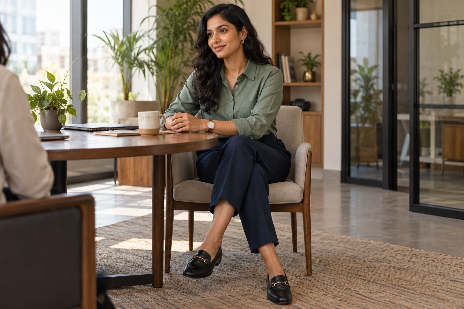 Woman in a muted green cotton shirt, navy straight trousers and loafers.