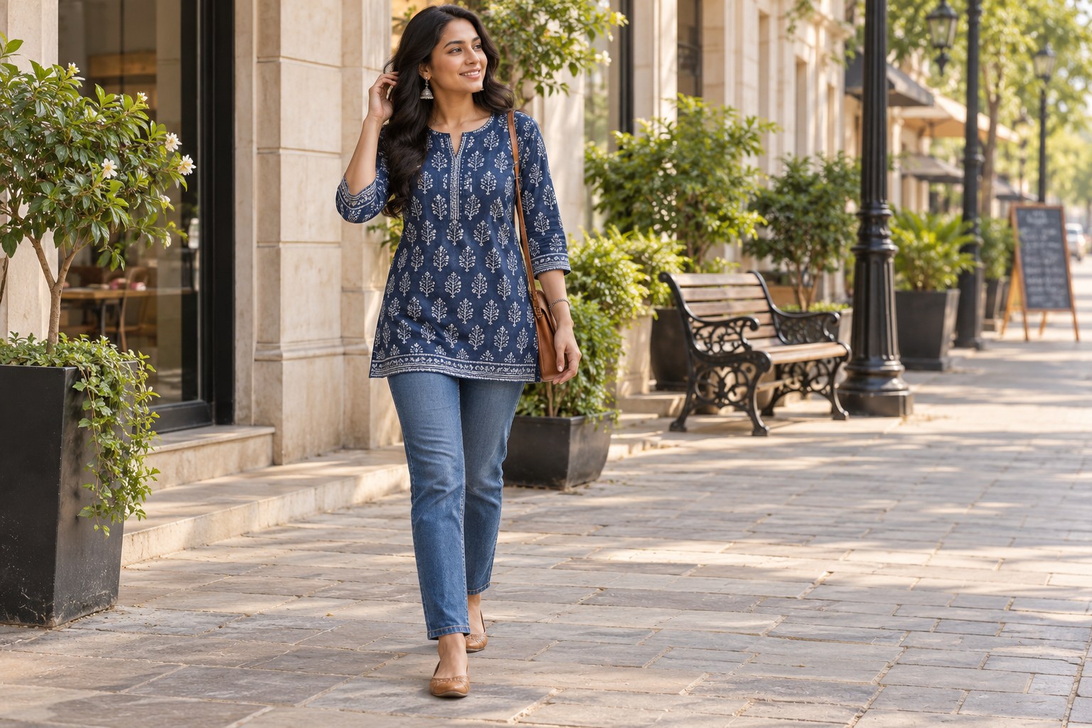 Woman wearing a short indigo printed kurti with straight blue jeans and tan flats, everyday daylight street.