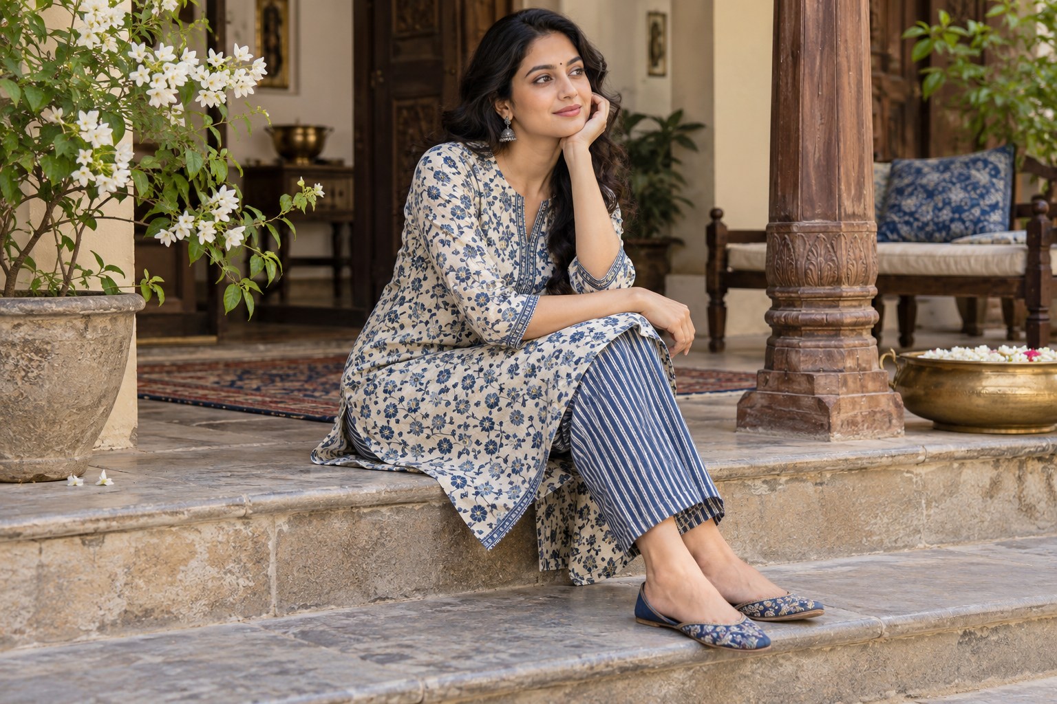 Woman wearing a small floral printed kurta with fine striped trousers, shared indigo and cream palette.