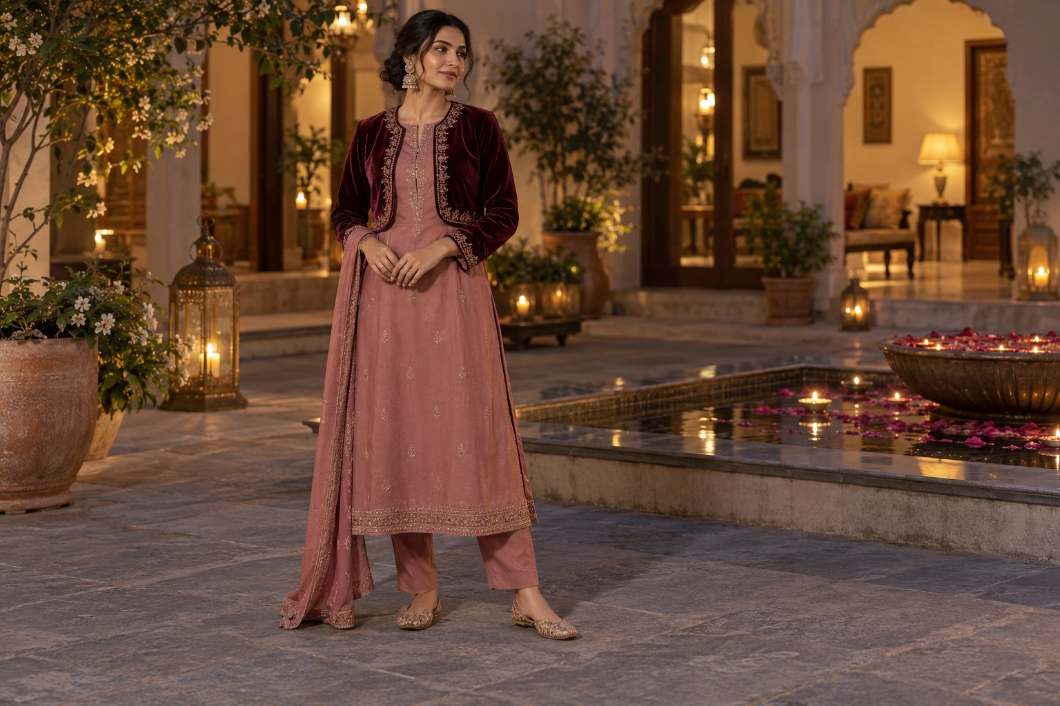 Woman wearing a cropped plain velvet jacket over a muted rose kurta set, evening courtyard with soft light.