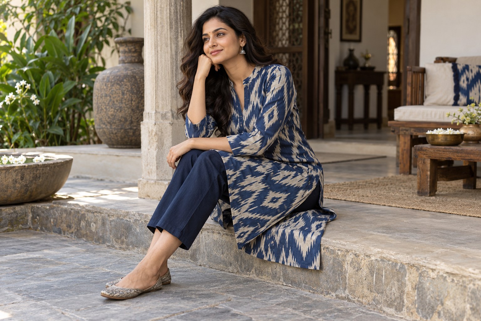 Woman wearing an indigo and cream ikat-patterned tunic with solid dark trousers, small earrings.