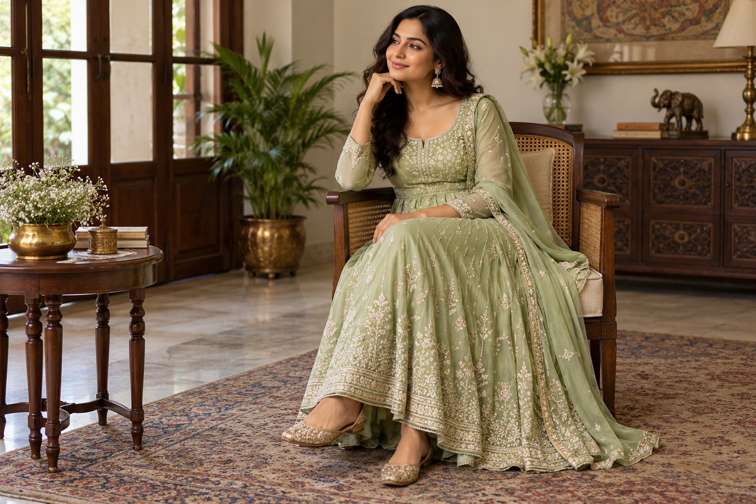Woman seated comfortably on a chair wearing a pale green anarkali, gathered skirt arranged beside knees without trailing under chair.