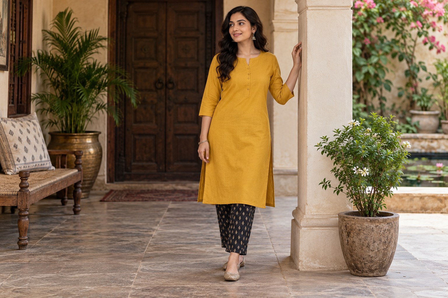 Woman in a plain mustard straight kurta with dark small-patterned trousers, simple flats.