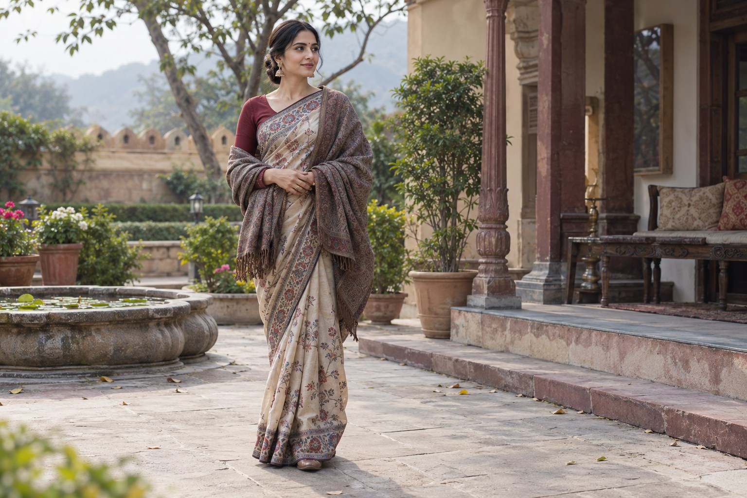 Woman wearing a saree with a fitted long-sleeve blouse and wool shawl wrapped across shoulders, cool-weather courtyard.