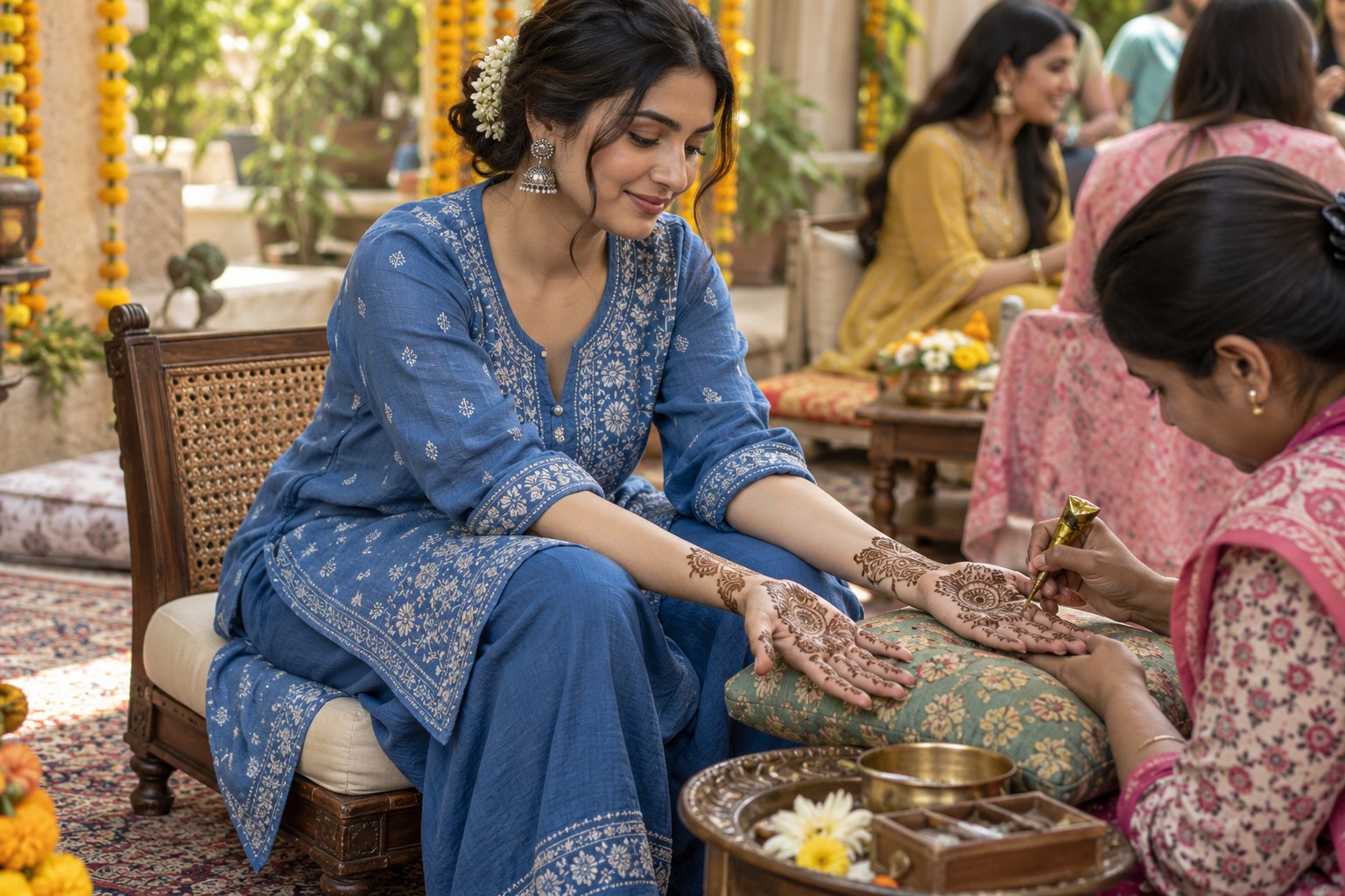 Adult Indian mehendi guest sitting on a low chair in a blue kurta and loose trousers, sleeves rolled clear of wrists and hands resting forward while henna is applied.