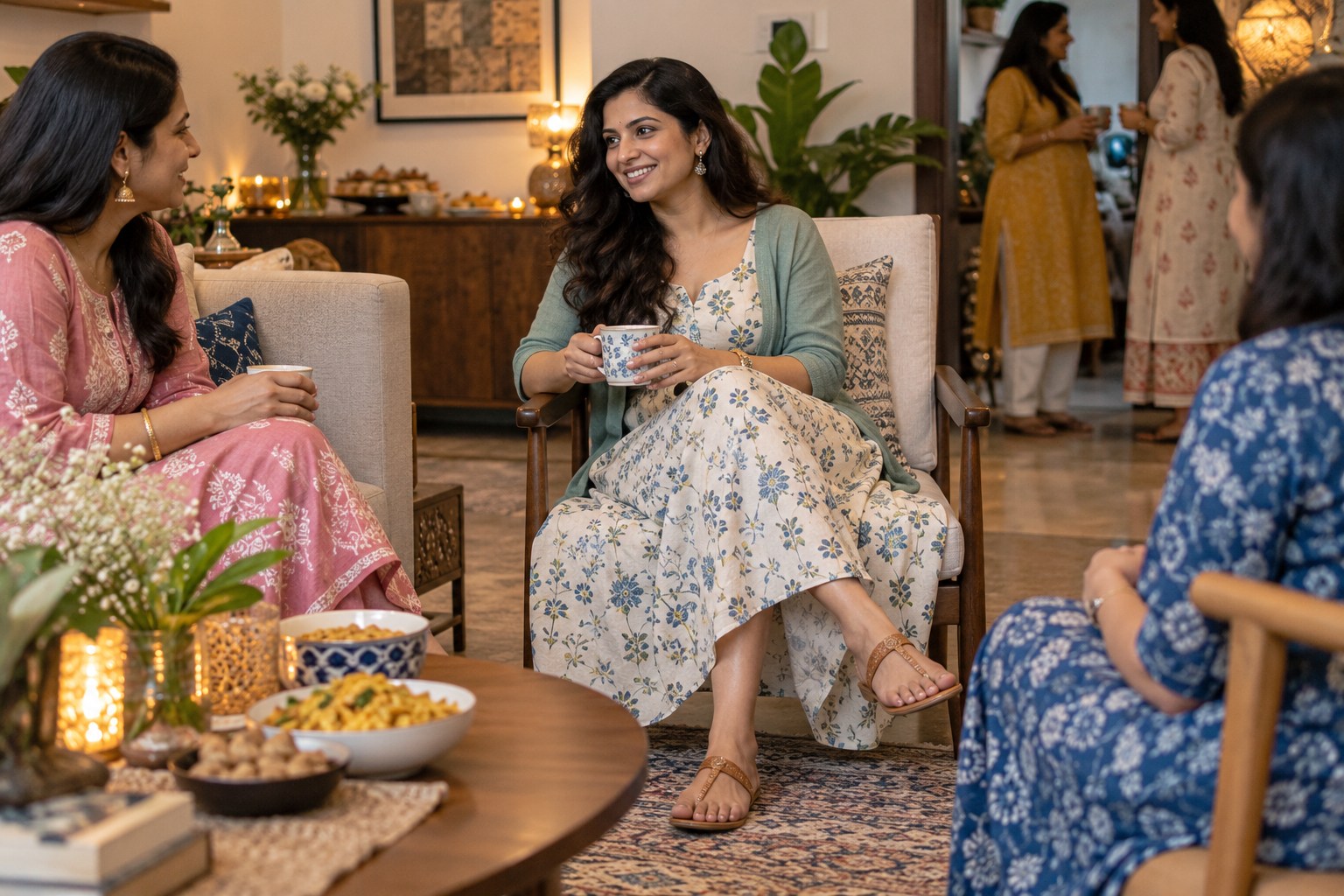 Woman in a comfortable long cotton dress with a light cardigan, seated at a friend's housewarming gathering.