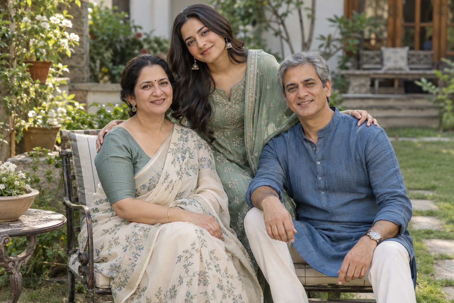 Three adult Indian family members posing for a casual family photograph wearing coordinated cream, sage and muted blue outfits.