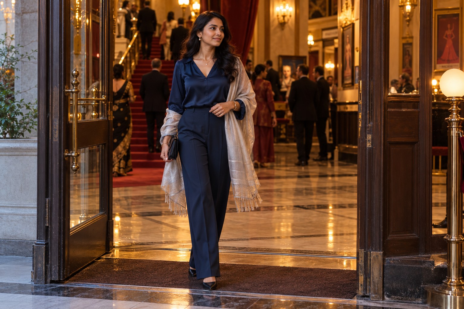 Woman in navy trousers, silk-look plain blouse and a light shawl entering a theatre foyer.
