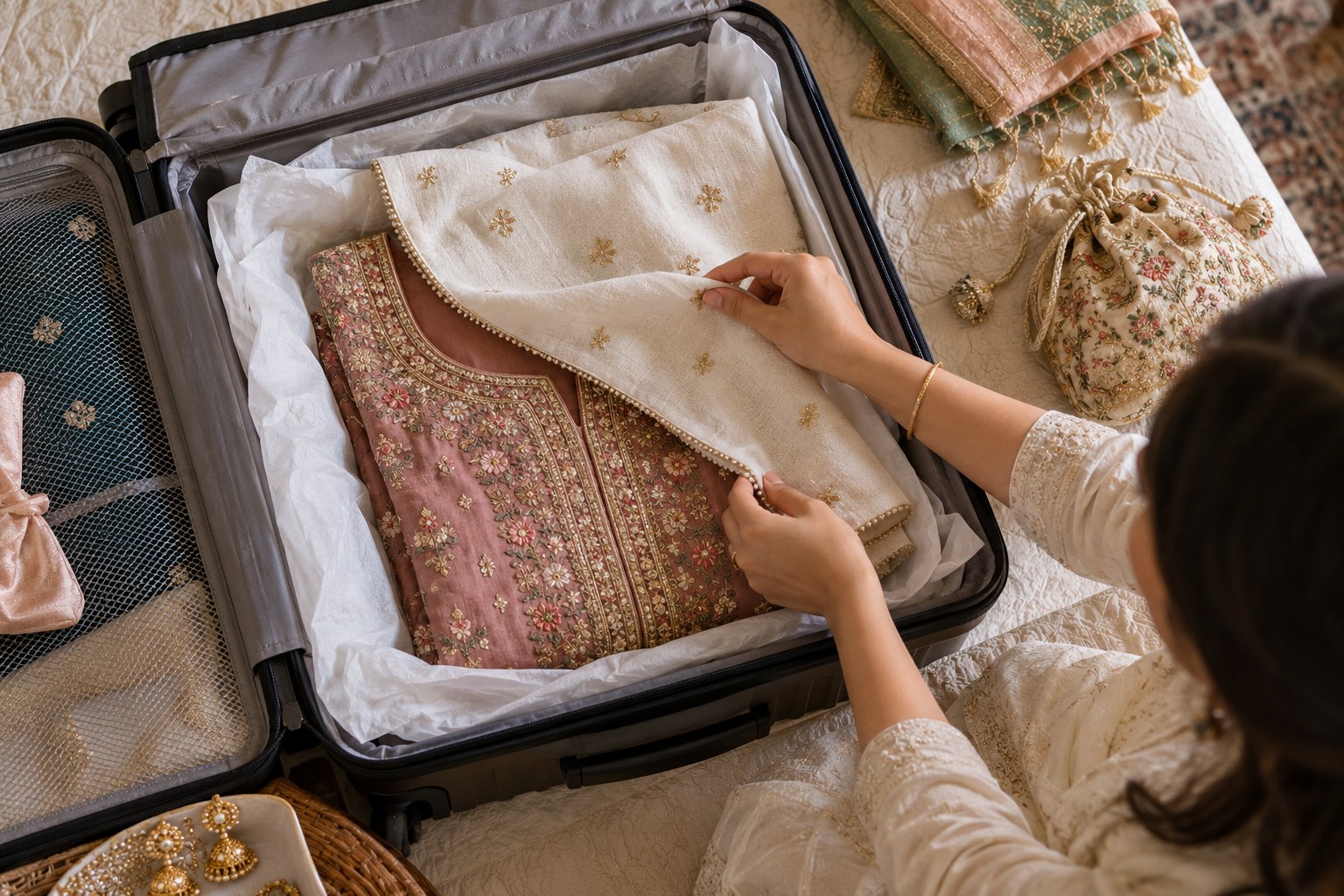 Open suitcase with embroidered festive kurta carefully folded inside plain tissue paper, embellishments protected by a separate soft cloth.