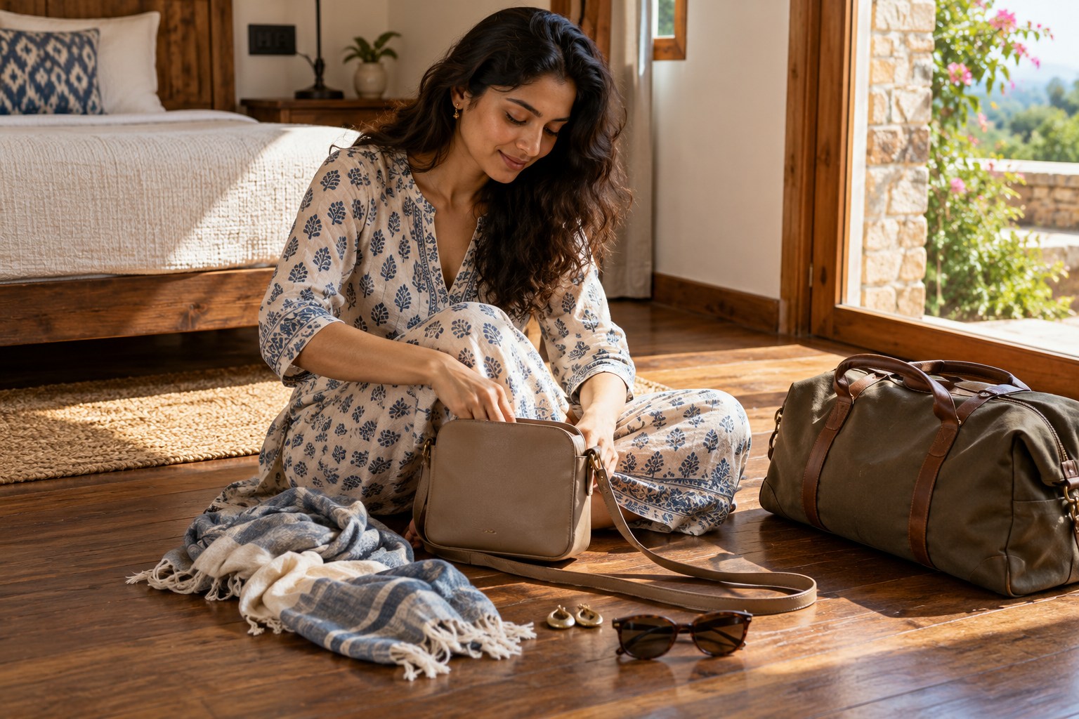 Small travel-accessory flat lay: one neutral crossbody bag, slim scarf.
