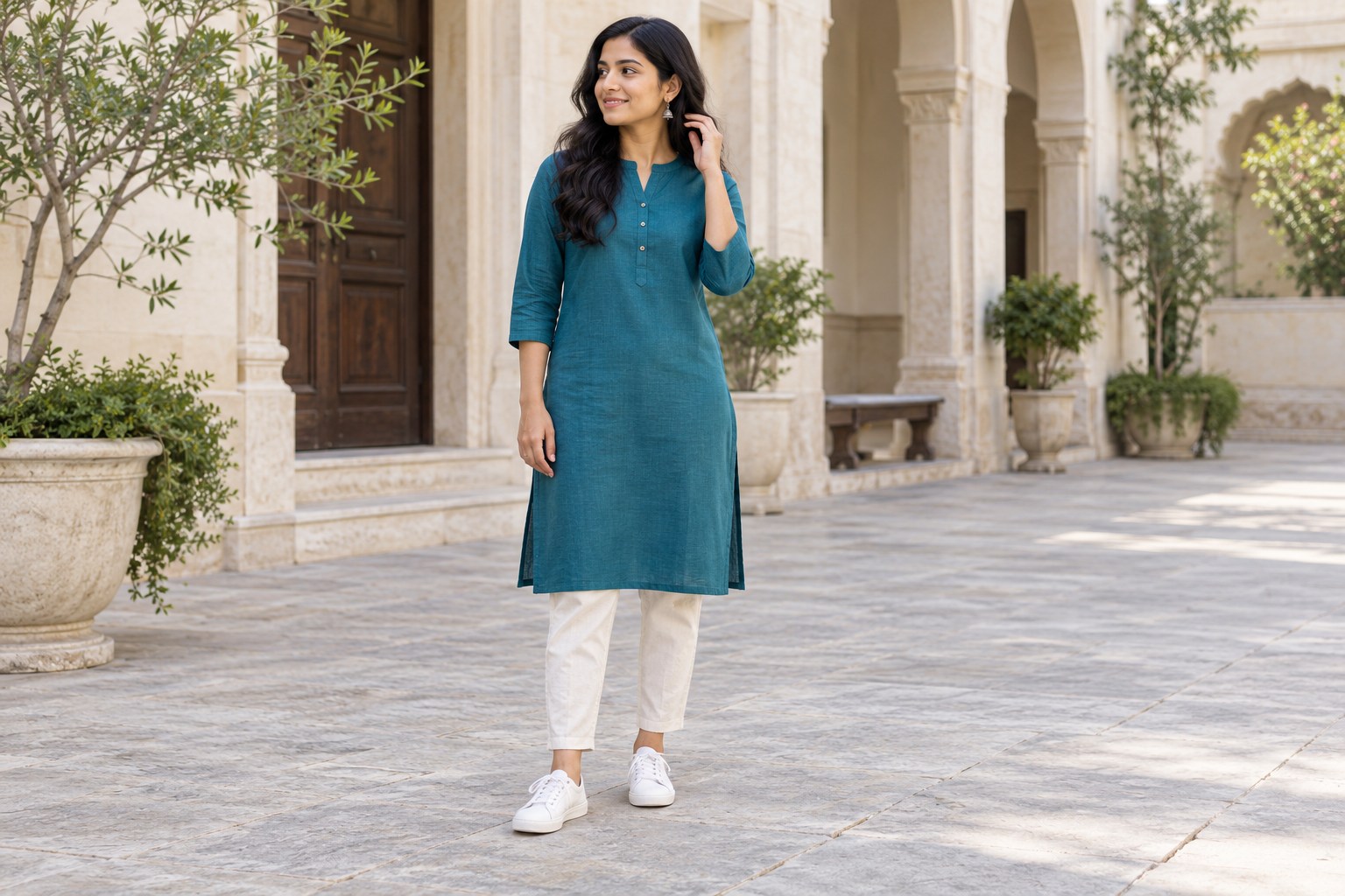 Woman wearing a teal kurta, cropped cream trousers and white trainers.
