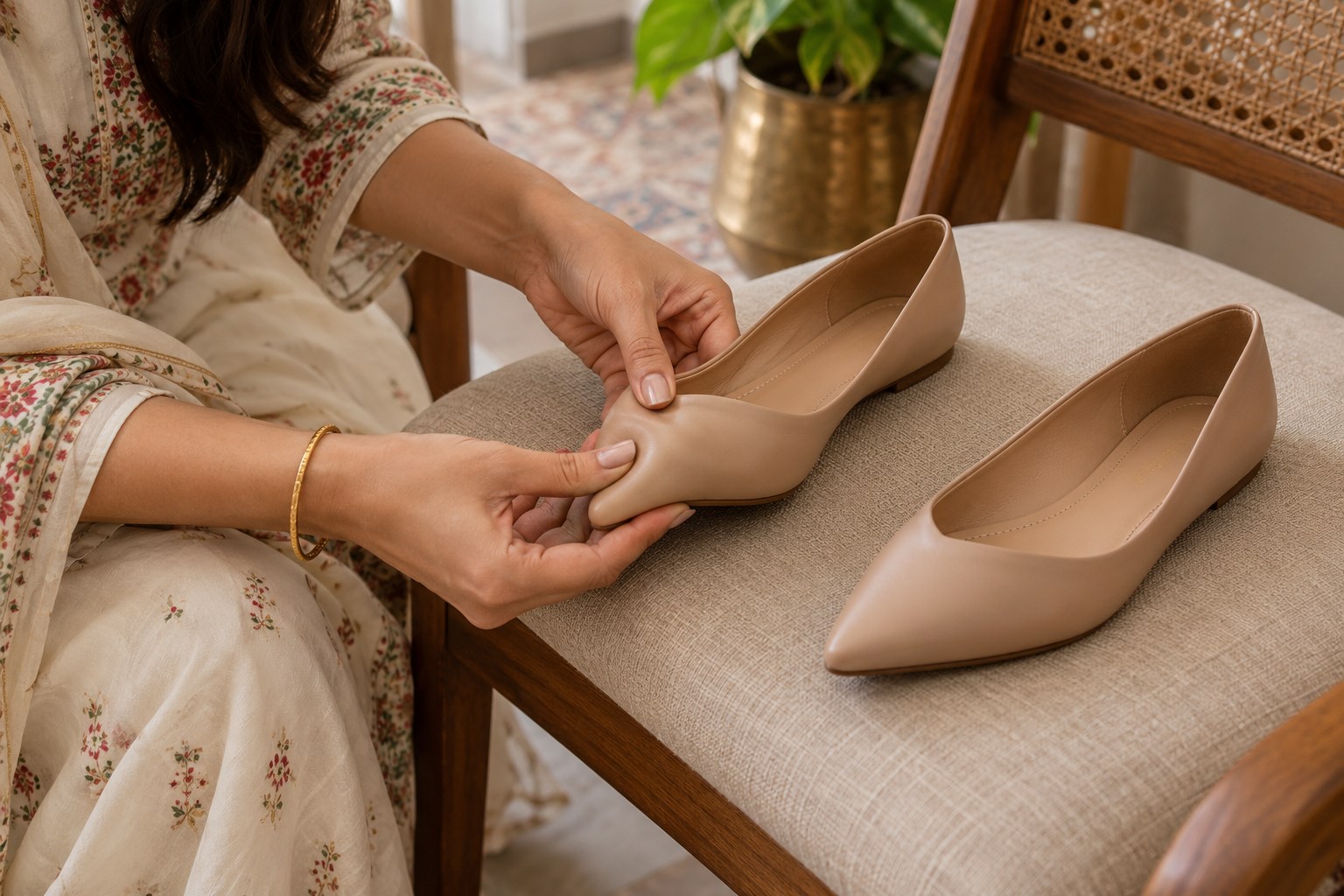 Woman's hands checking the toe box and flexible upper of a plain pointed flat shoe on a chair, second shoe beside it.