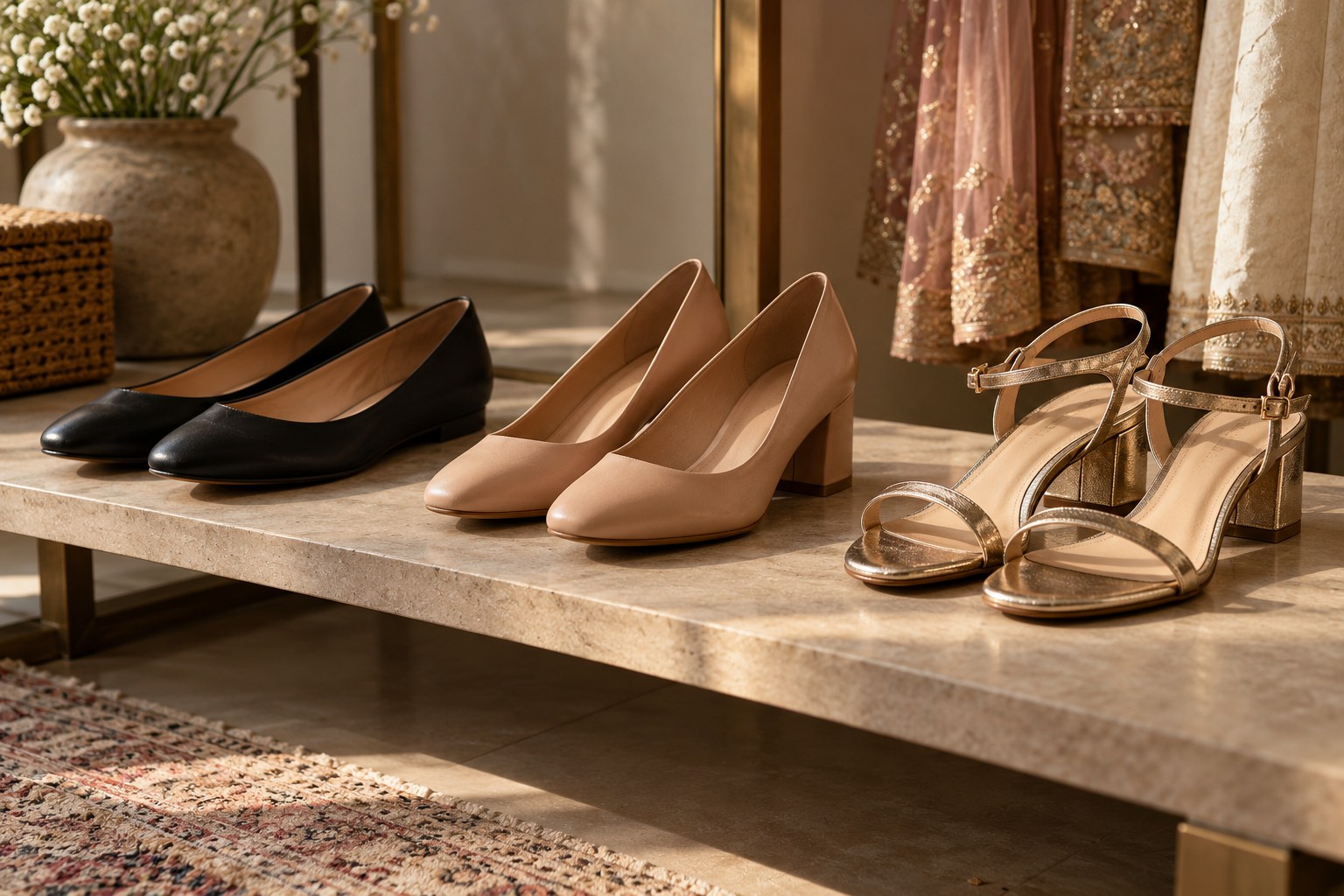 Three pairs of women's occasion shoes arranged on a low shelf: plain black flats, nude low block heels and restrained metallic sandals.