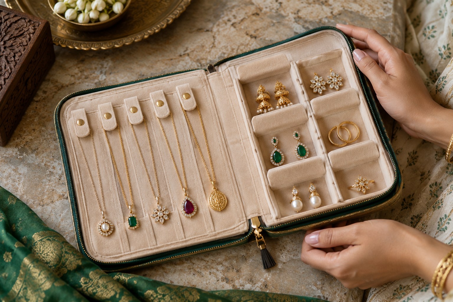 Open small travel jewellery roll with fine chains fastened at individual tabs and each pendant tucked into separate compartments.
