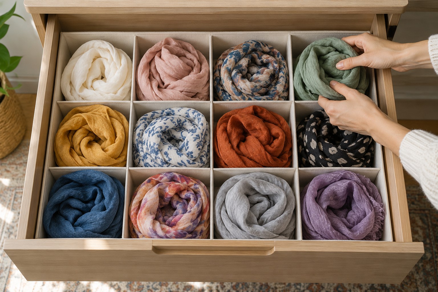 Lightweight scarves rolled individually in a divided drawer.