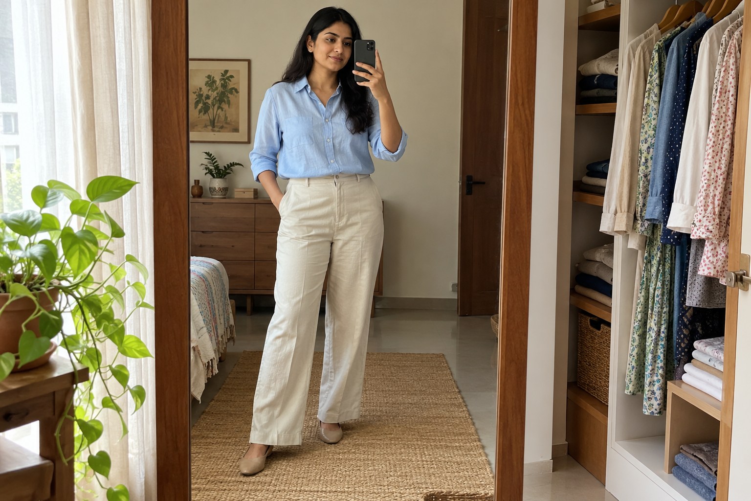 Woman photographing her shirt-and-trouser outfit in a full-length mirror.